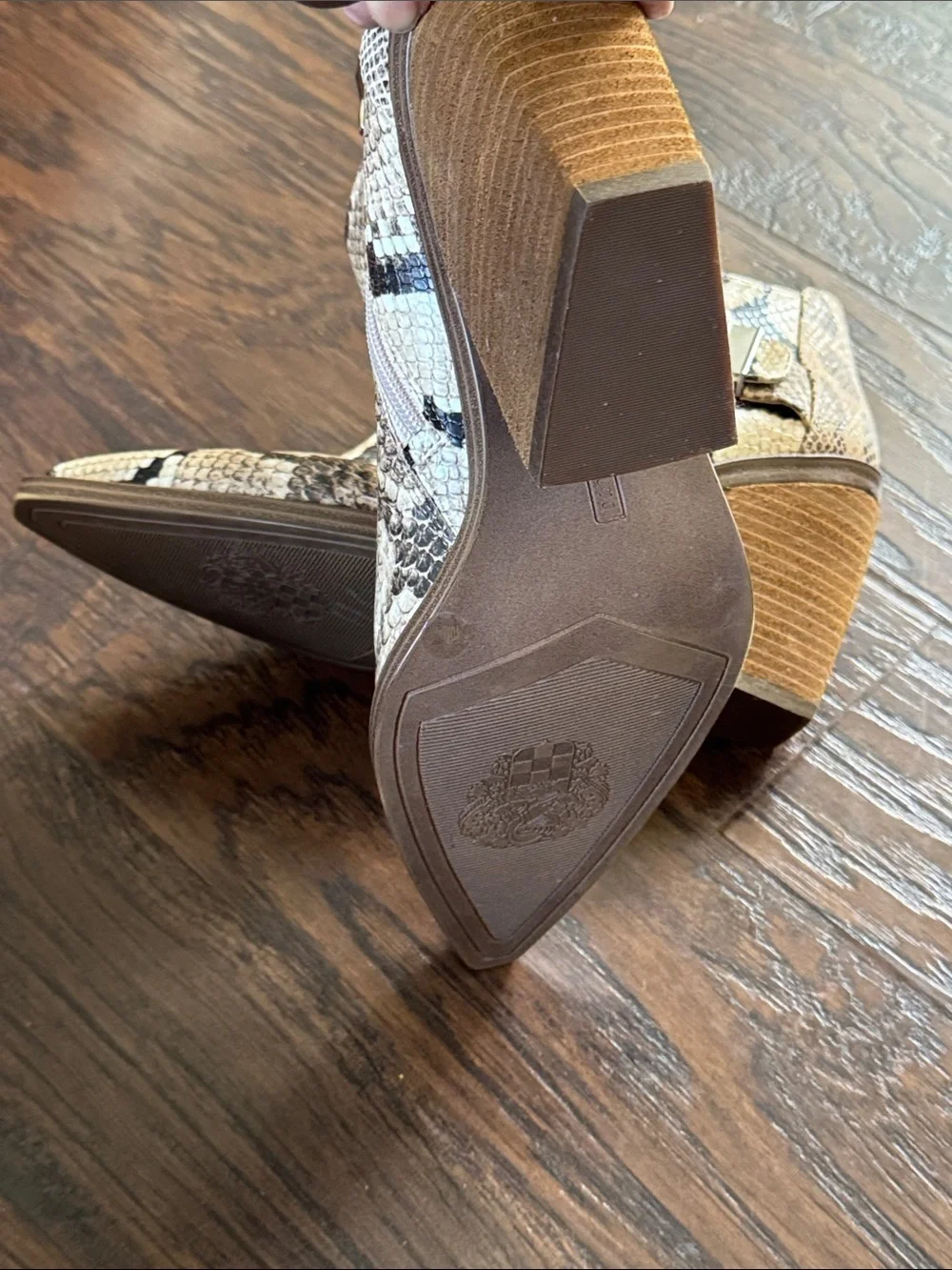 Vince Camuto Snake-Print Pointed Ankle Boots in Beige and Black